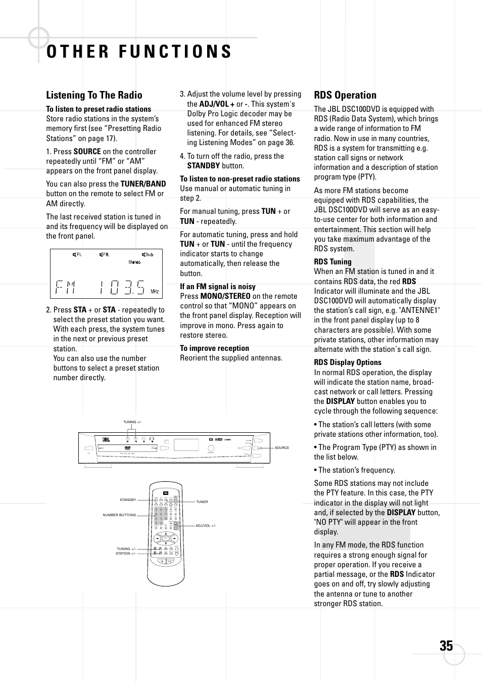 Rds operation, Listening to the radio | JBL DSC 800 User Manual | Page 37 / 50