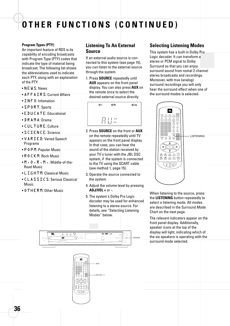 Listening to an external source, Selecting listening modes | JBL DSC 800 User Manual | Page 38 / 50