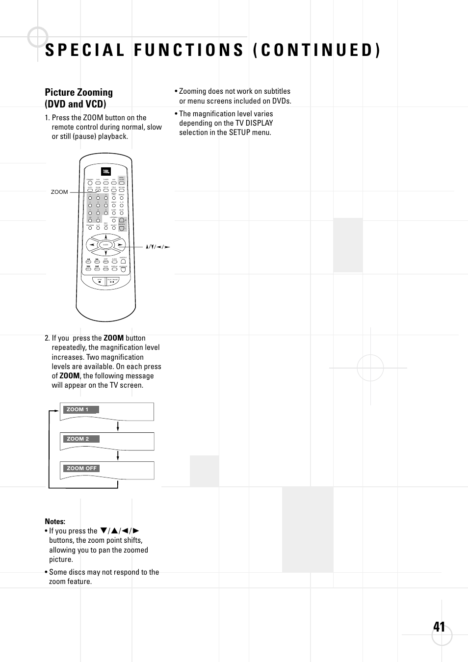 Picture zooming (dvd and vcd), Zoom | JBL DSC 800 User Manual | Page 43 / 50