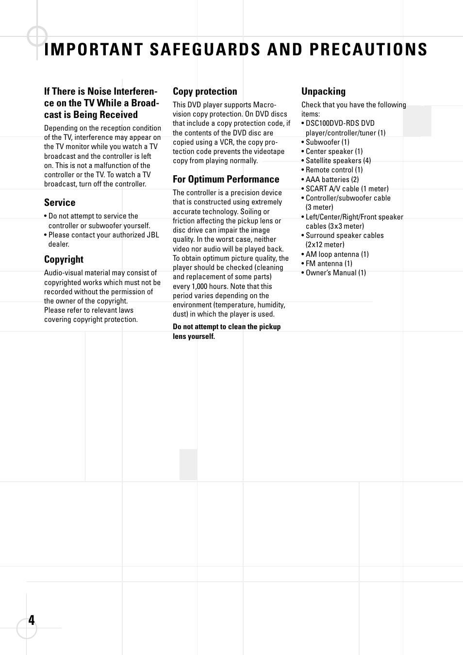 Important safeguards and precautions | JBL DSC 800 User Manual | Page 6 / 50