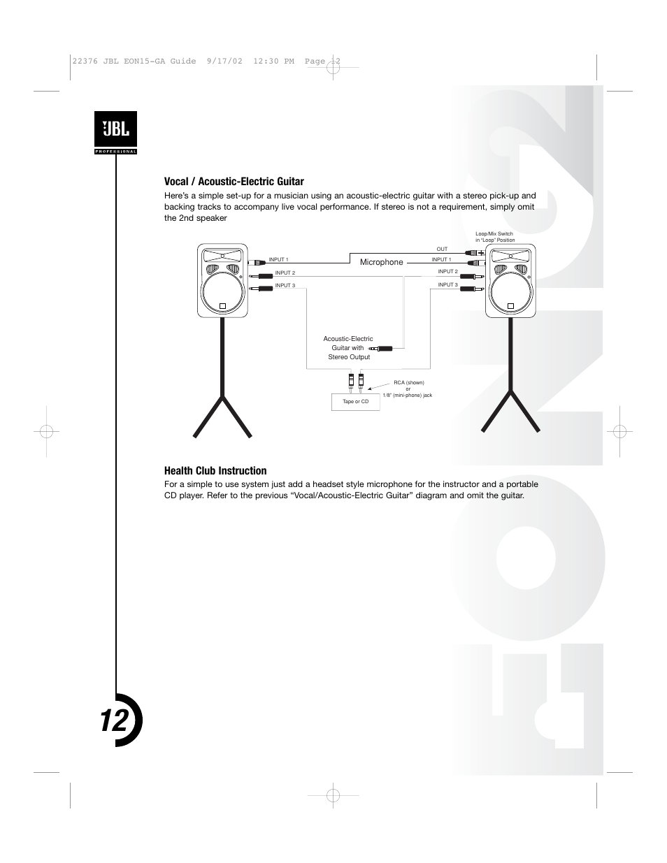 Vocal / acoustic-electric guitar, Health club instruction | JBL EON15 User Manual | Page 11 / 23