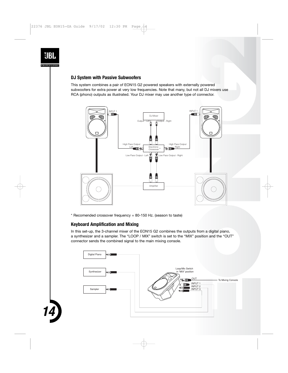Dj system with passive subwoofers, Keyboard amplification and mixing | JBL EON15 User Manual | Page 13 / 23