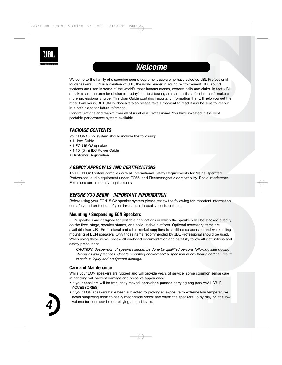 Welcome | JBL EON15 User Manual | Page 3 / 23