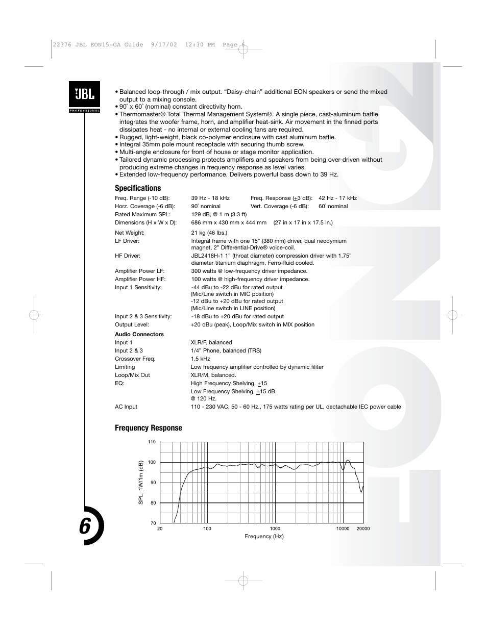 Specifications, Frequency response | JBL EON15 User Manual | Page 5 / 23