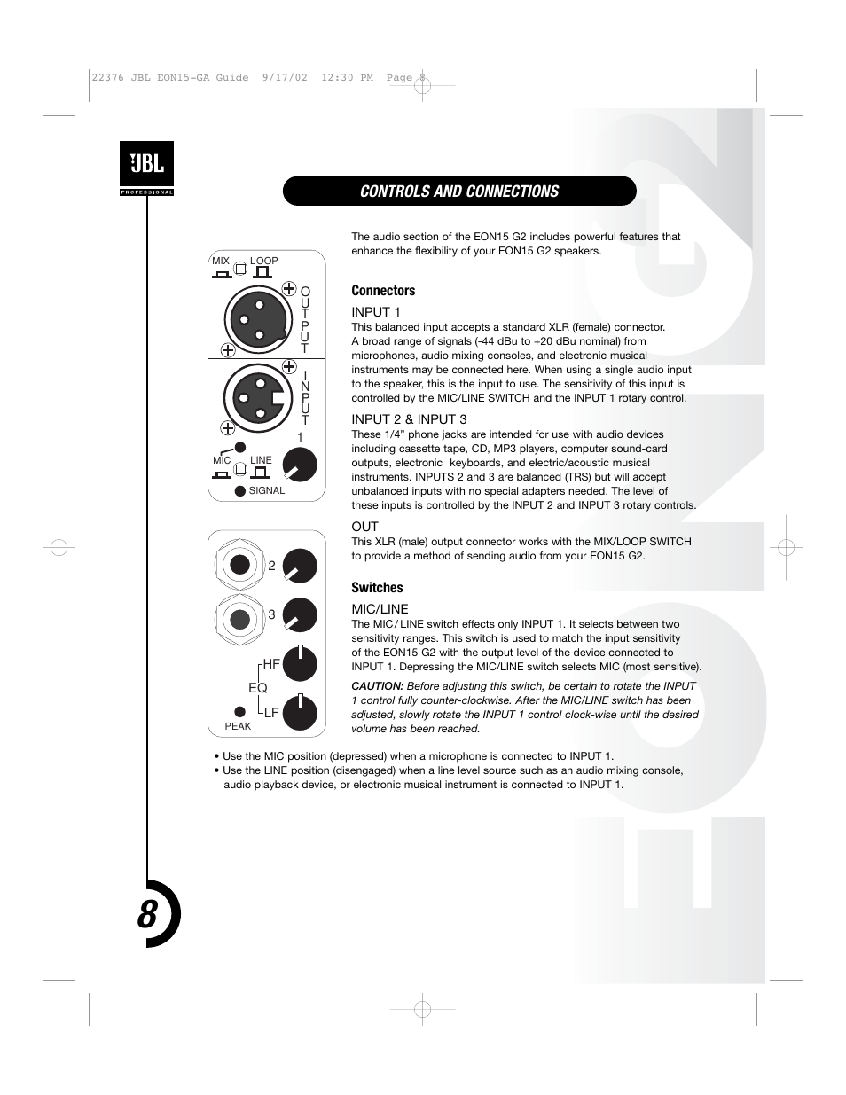 Controls and connections | JBL EON15 User Manual | Page 7 / 23