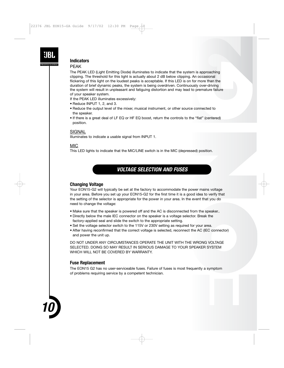 Voltage selection and fuses | JBL EON15 User Manual | Page 9 / 23