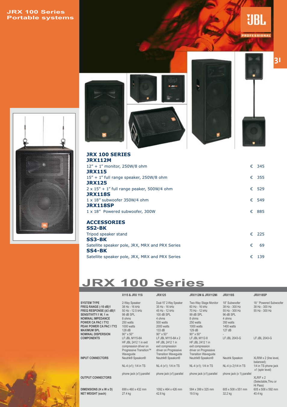 Jrx 100 series, Jrx 100 series portable systems, Jrx115 | Jrx125, Jrx118s, Jrx118sp, Accessories ss2-bk, Ss3-bk, Ss4-bk | JBL C414B-XLII+H85 User Manual | Page 31 / 52