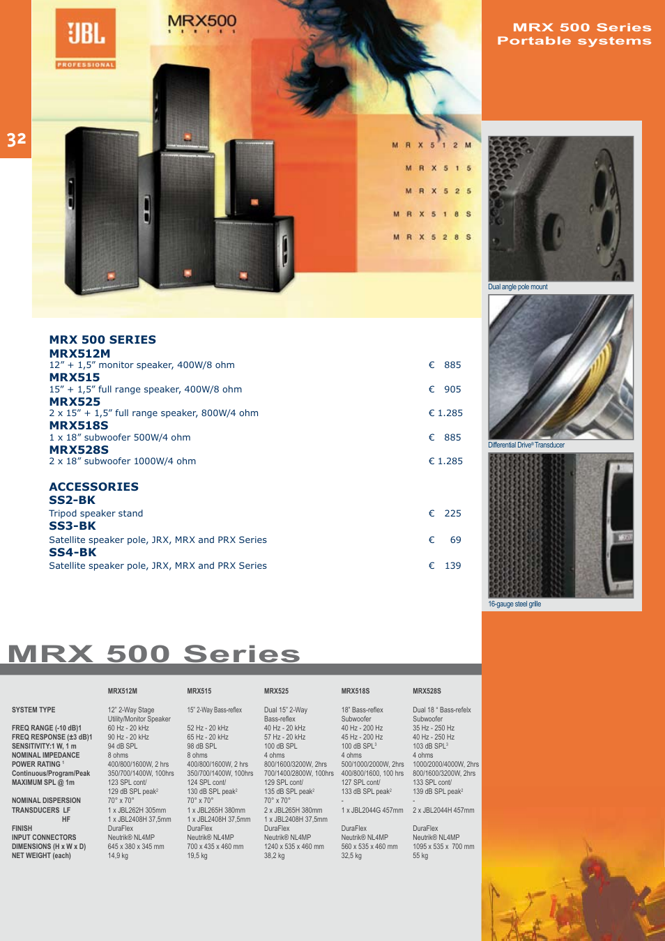 Mrx 500 series, Mrx515, Mrx525 | Mrx518s, Mrx528s, Accessories ss2-bk, Ss3-bk, Ss4-bk, Mrx 500 series portable systems | JBL C414B-XLII+H85 User Manual | Page 32 / 52