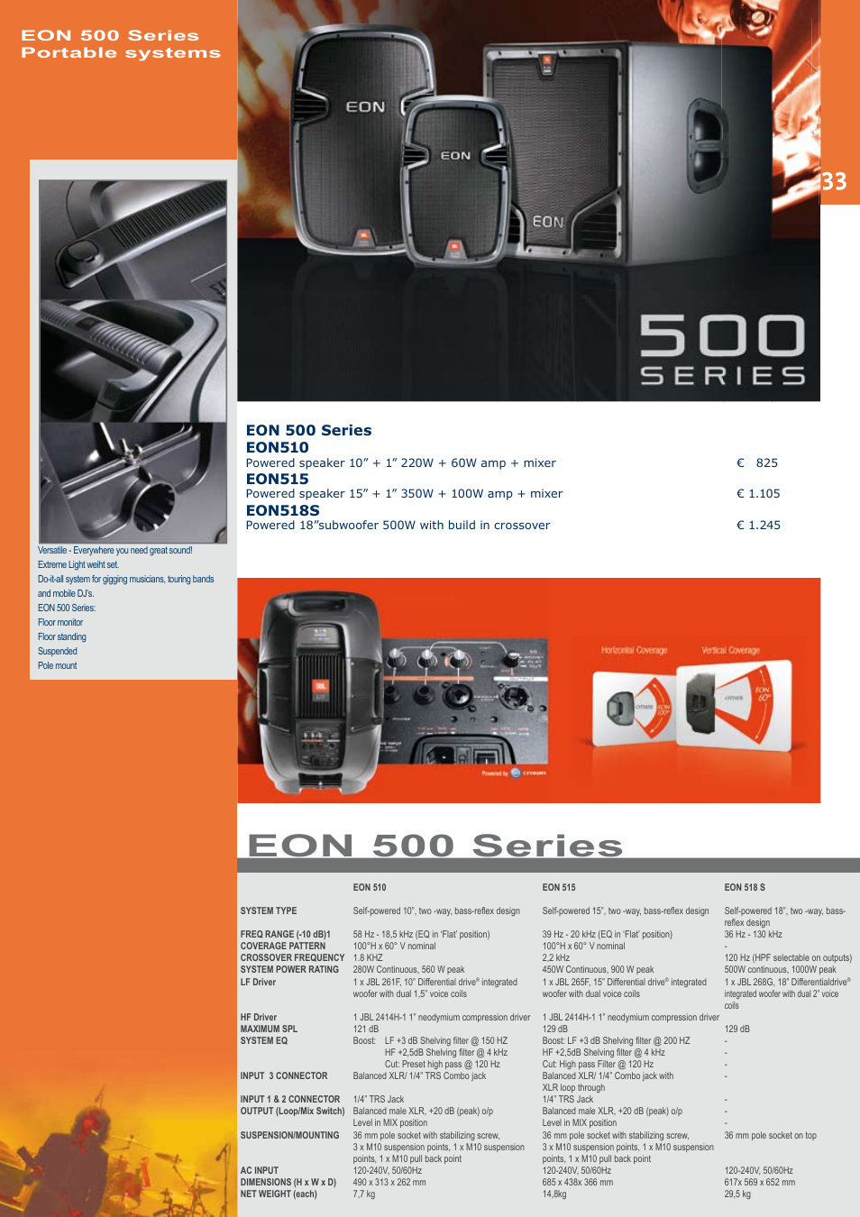 Eon 500 series, Eon515, Eon518s | Eon 500 series portable systems | JBL C414B-XLII+H85 User Manual | Page 33 / 52