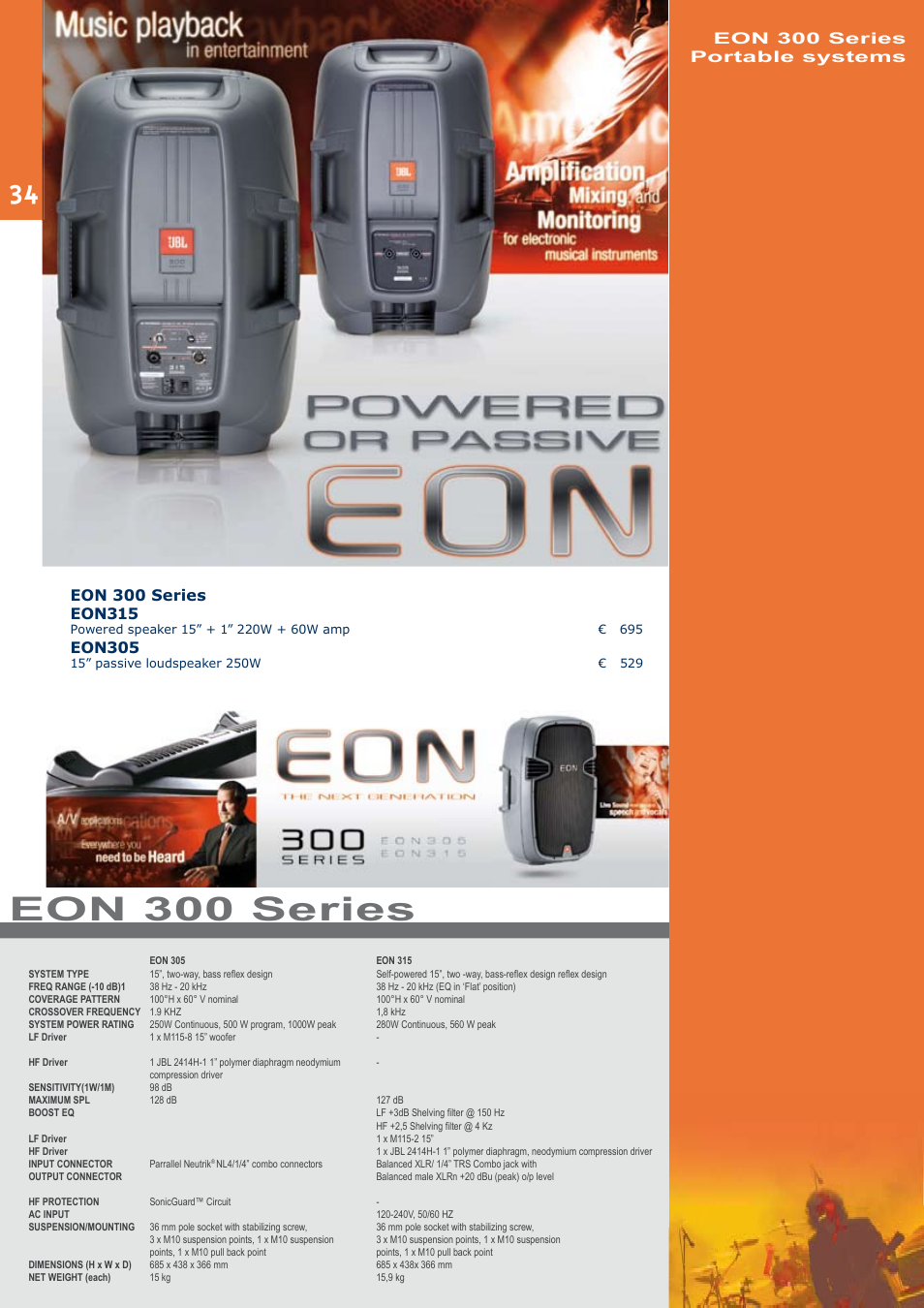 Eon 300 series, Eon305, Eon 300 series portable systems | JBL C414B-XLII+H85 User Manual | Page 34 / 52