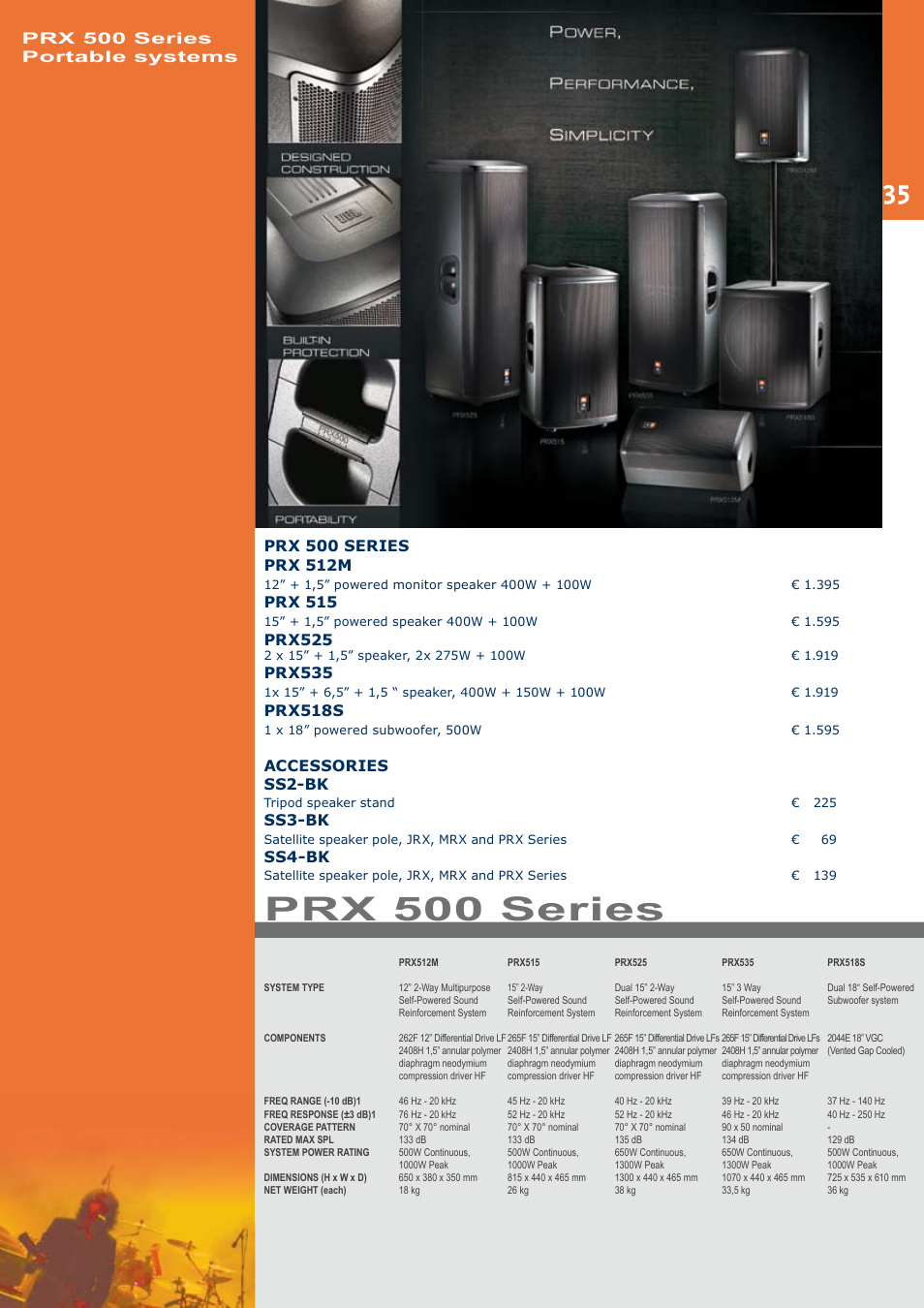 Prx 500 series, Prx 515, Prx525 | Prx535, Prx518s, Accessories ss2-bk, Ss3-bk, Ss4-bk, Prx 500 series portable systems | JBL C414B-XLII+H85 User Manual | Page 35 / 52