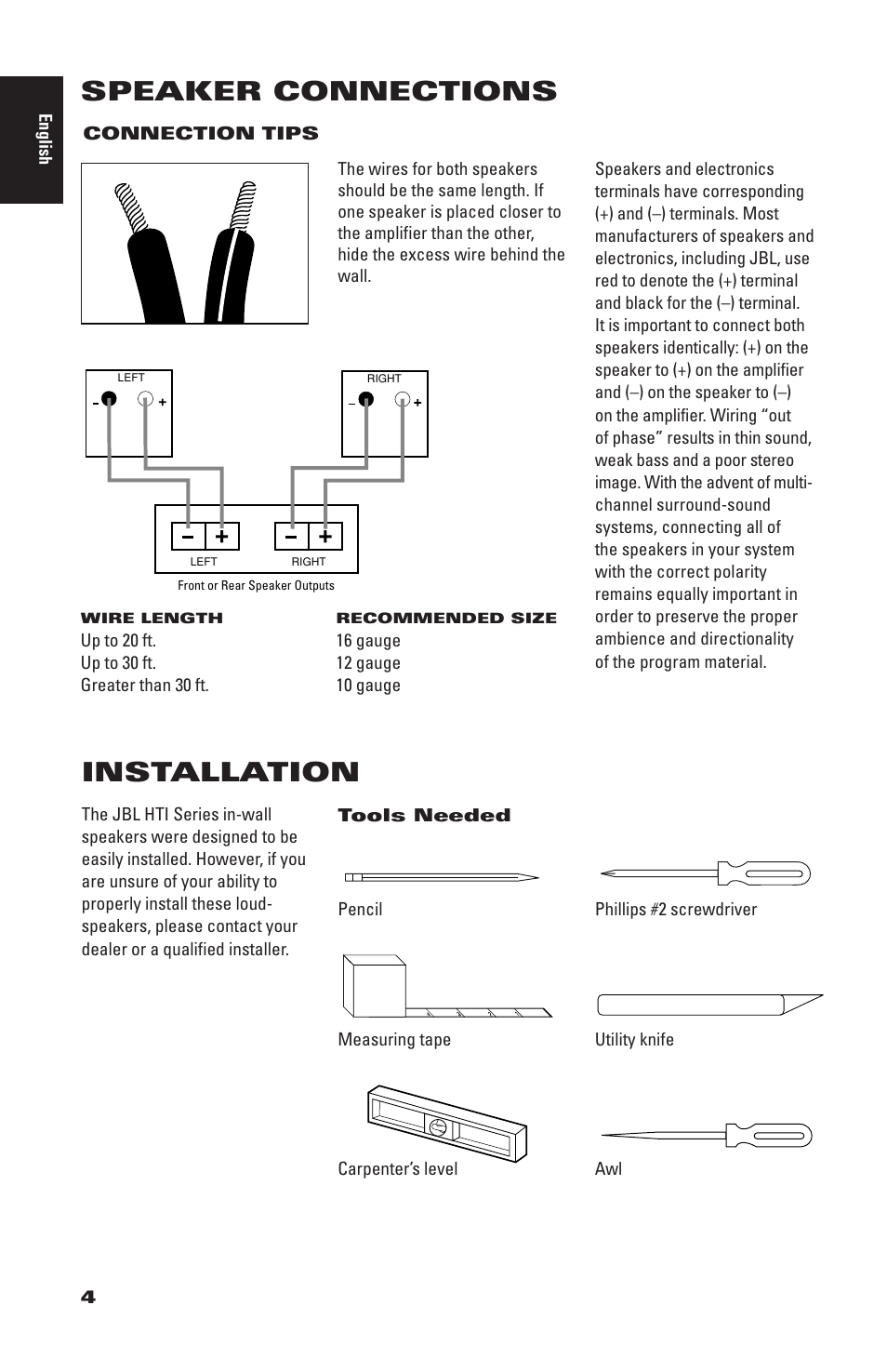 Installation, Speaker connections | JBL HT18 User Manual | Page 4 / 8