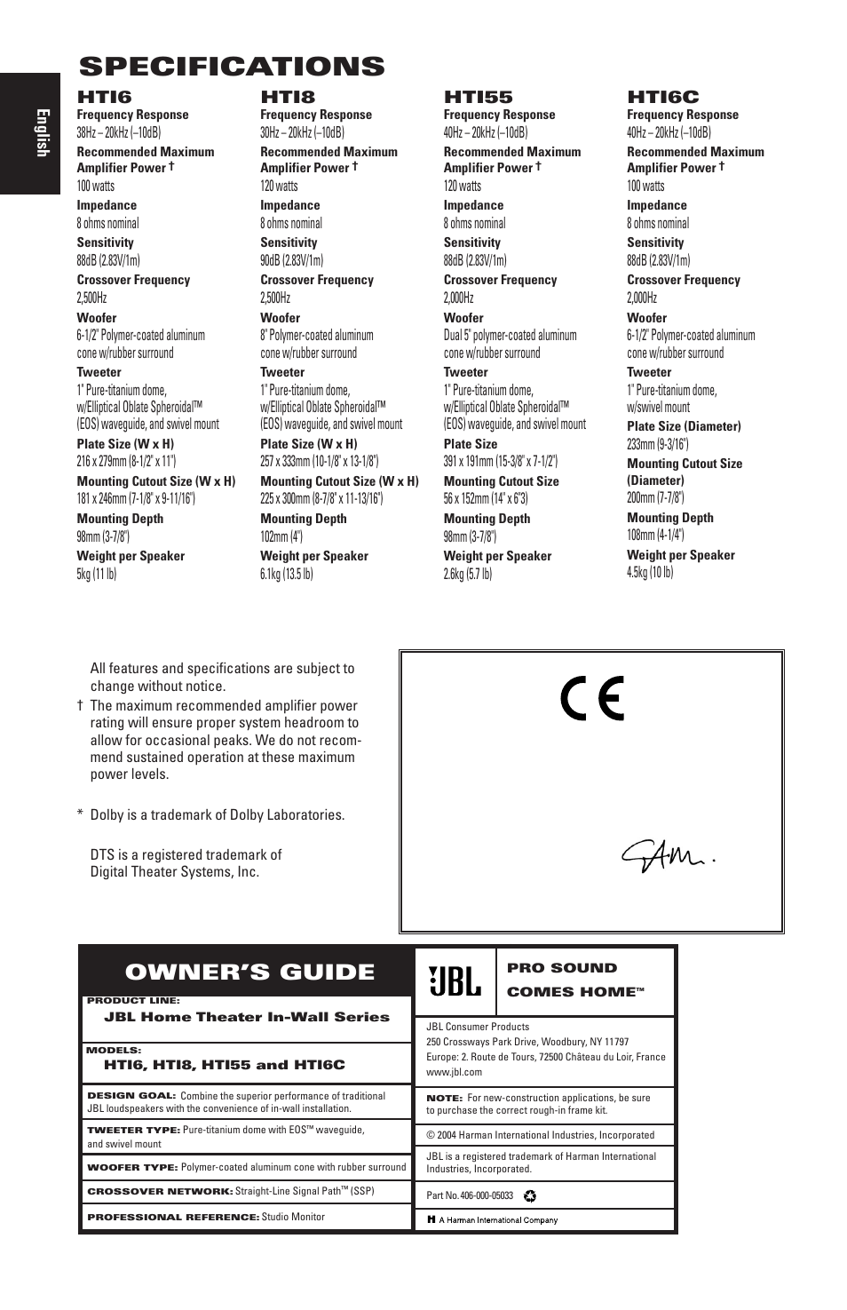 Specifications, Owner’s guide, Hti6 | Hti8, Hti55, Hti6c, Declaration of conformity, English | JBL HT18 User Manual | Page 8 / 8