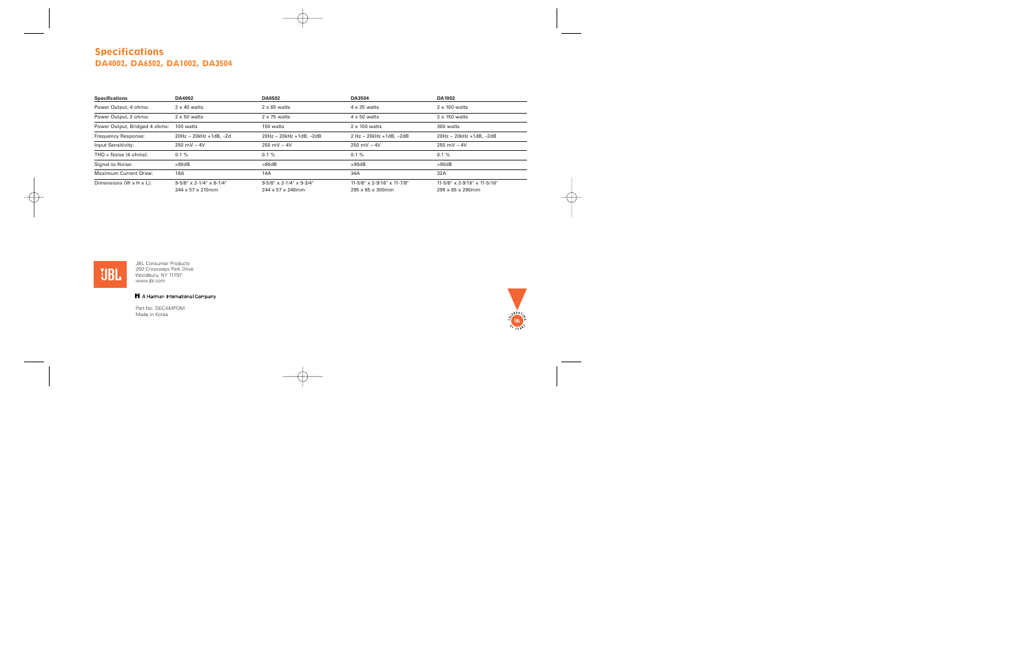 Specifications | JBL DA4002 User Manual | Page 8 / 8