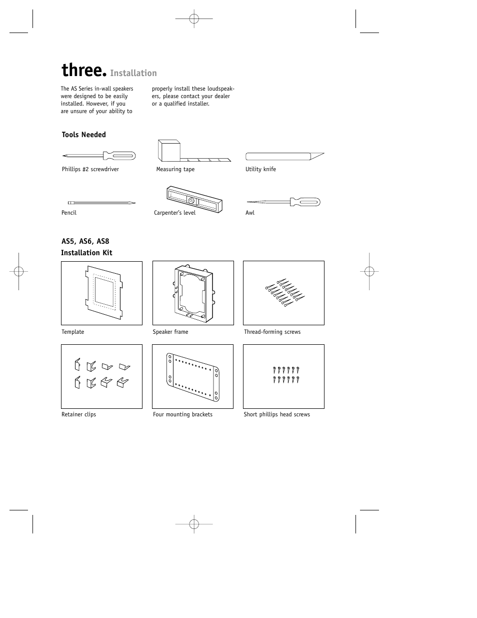 Three, Installation | JBL Loudspeakers AS5 User Manual | Page 4 / 12