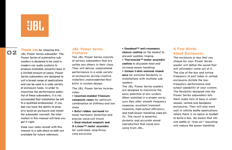 Jbl power series features, A few words about enclosures | JBL P1500 User Manual | Page 2 / 8