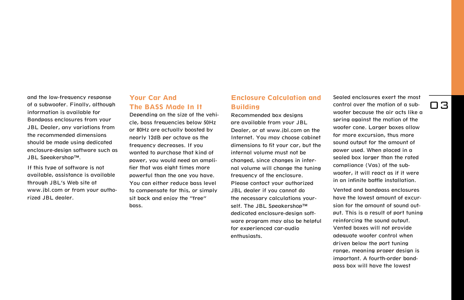 Enclosure calculation and building, Your car and the bass made in it | JBL P1500 User Manual | Page 3 / 8