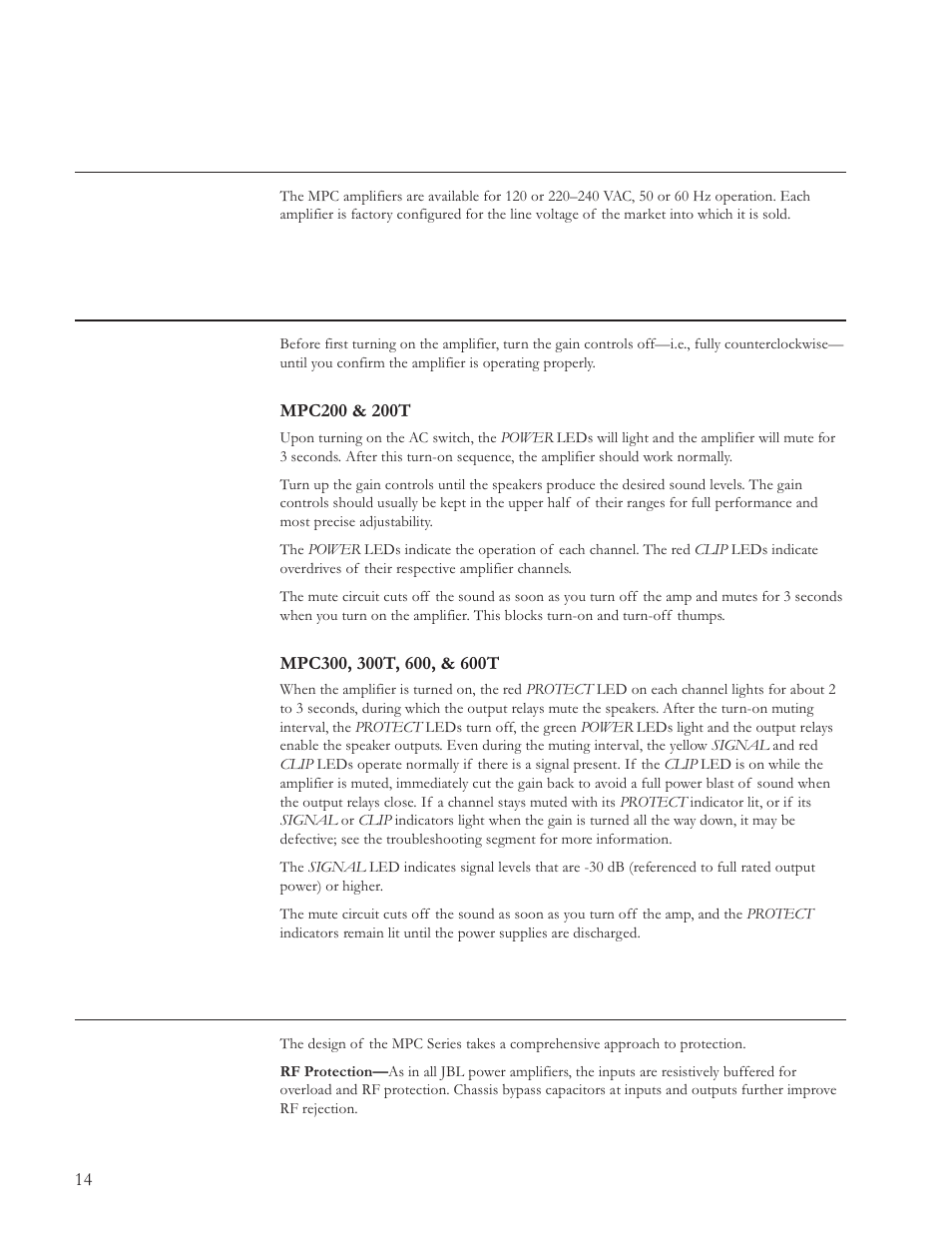 Ac power, Operation, Protection circuits | JBL MPC User Manual | Page 15 / 22