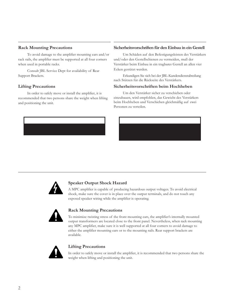 Cautions sicherheitsvorschriften, Warning notices | JBL MPC User Manual | Page 3 / 22