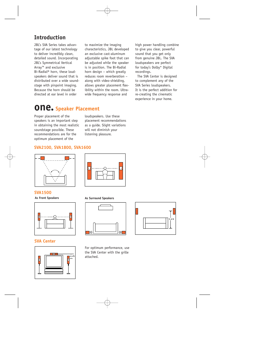 Introduction, Speaker placement | JBL SVA CENTER User Manual | Page 2 / 8