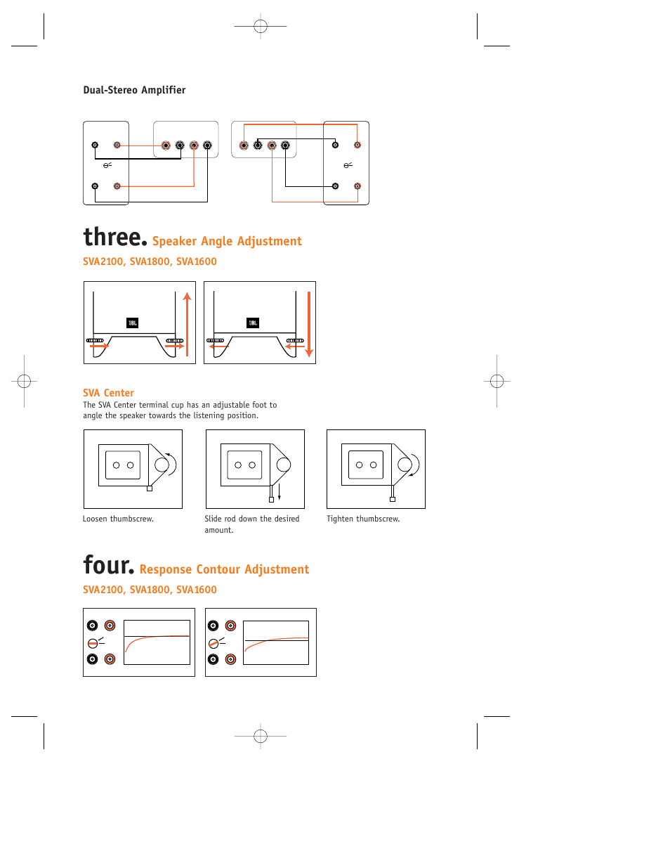 Three, Four, Speaker angle adjustment | Response contour adjustment, Dual-stereo amplifier, Sva center | JBL SVA CENTER User Manual | Page 5 / 8