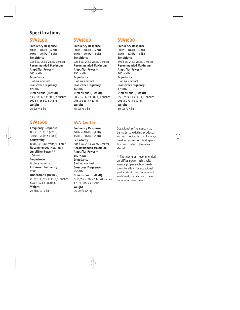 Specifications, Sva2100, Sva1800 | Sva1600, Sva1500, Sva center | JBL SVA CENTER User Manual | Page 7 / 8