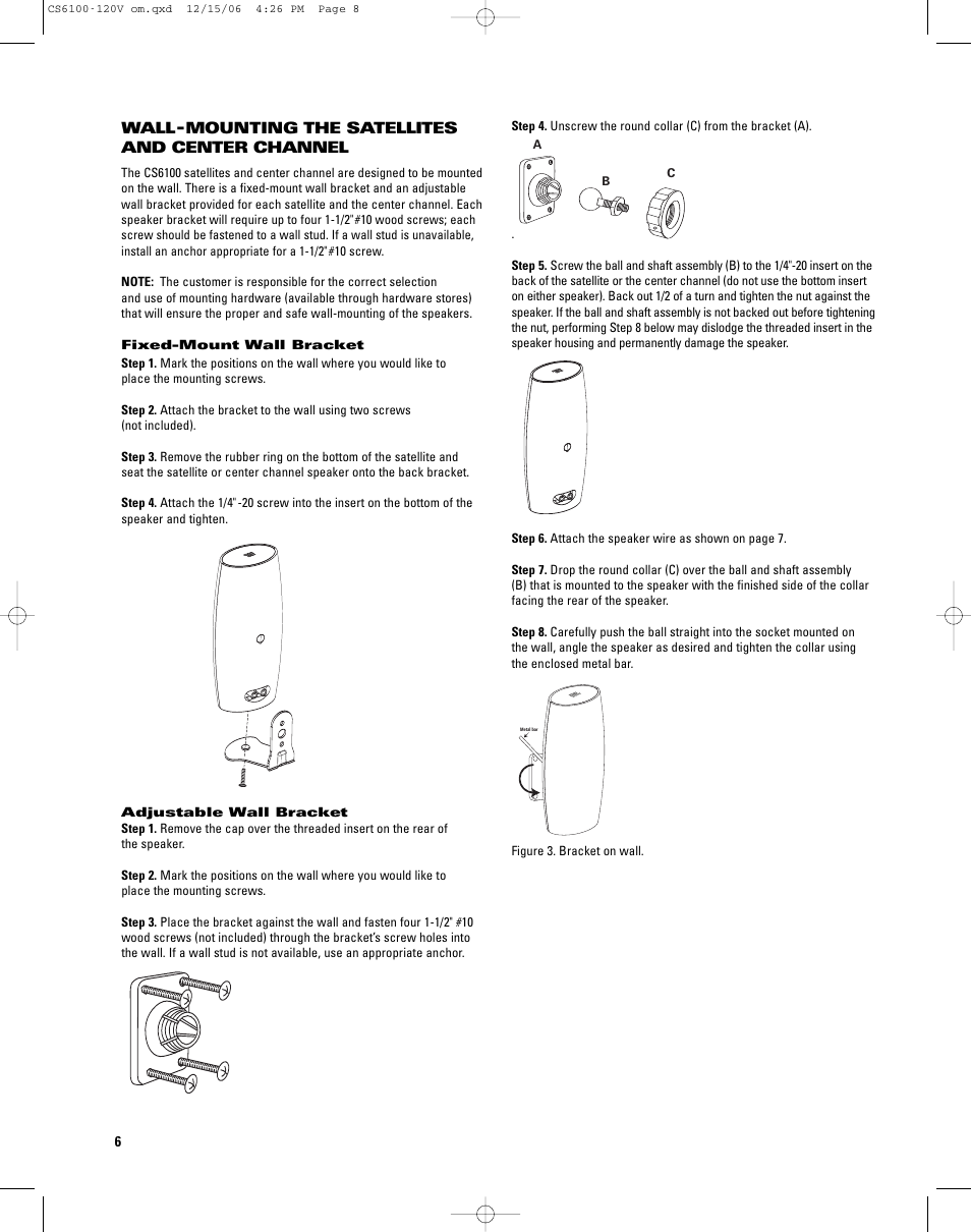 Wall -mounting the satellites and center channel | JBL CS6100 User Manual | Page 6 / 12