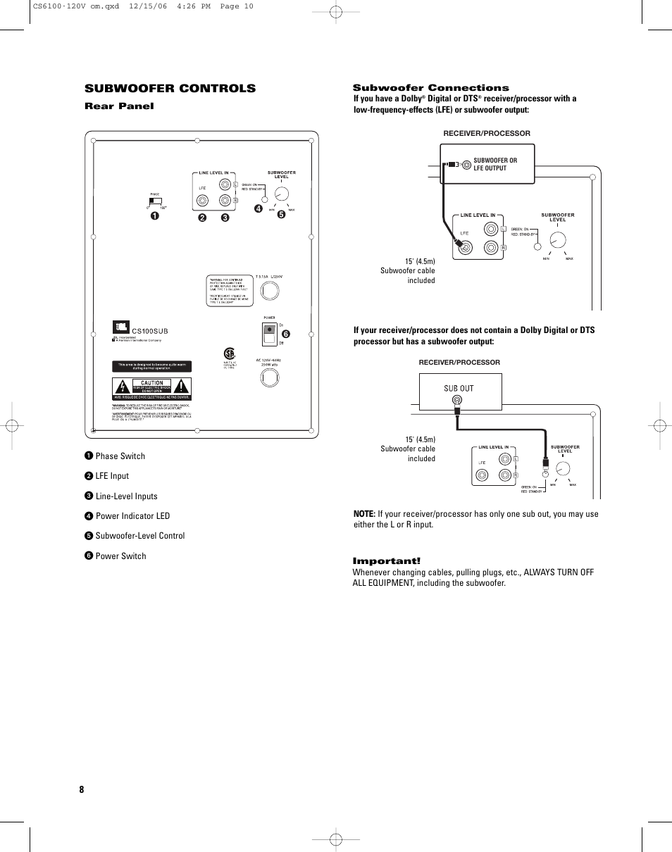 Subwoofer controls, Digital or dts | JBL CS6100 User Manual | Page 8 / 12