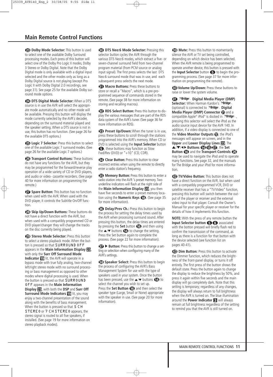 Main remote control functions | JBL AVR 140 User Manual | Page 11 / 46