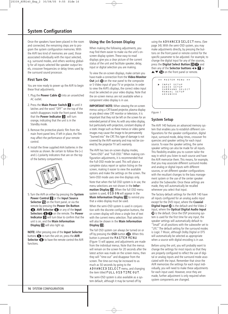 System configuration, First turn on, Using the on-screen display | System setup | JBL AVR 140 User Manual | Page 16 / 46