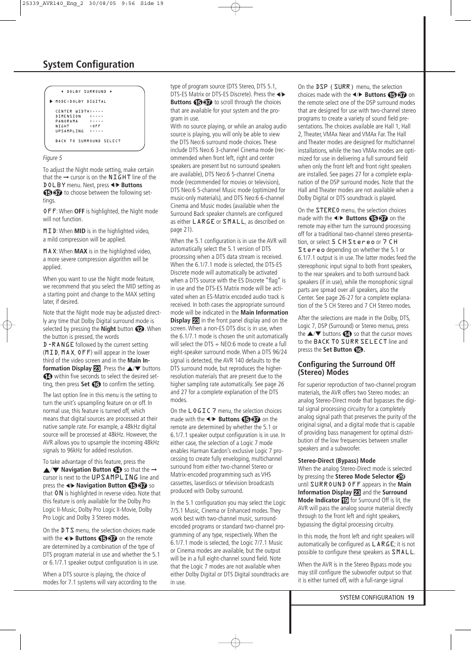 System configuration, Configuring the surround off (stereo) modes | JBL AVR 140 User Manual | Page 19 / 46