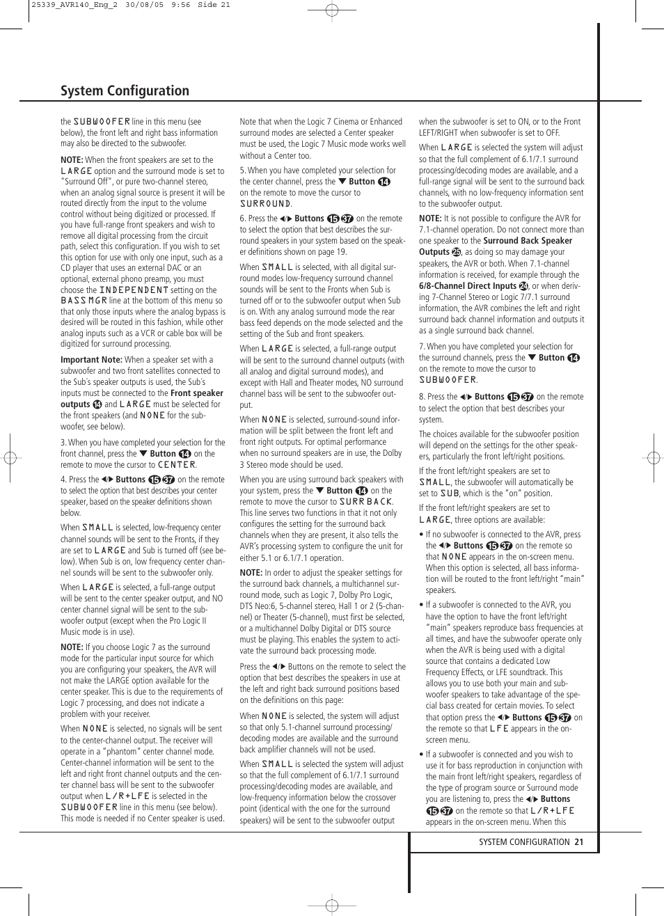 System configuration | JBL AVR 140 User Manual | Page 21 / 46