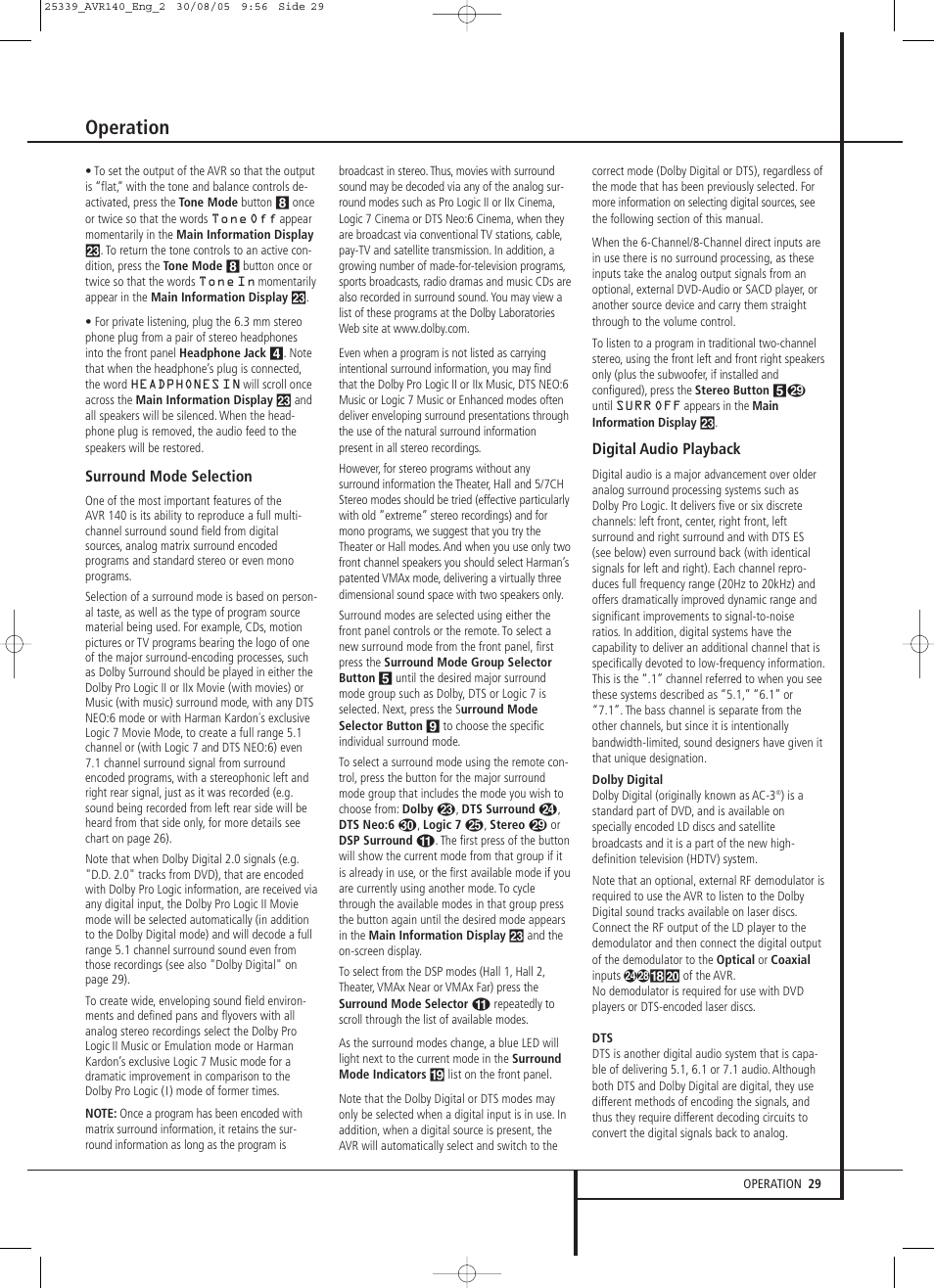 Operation | JBL AVR 140 User Manual | Page 29 / 46