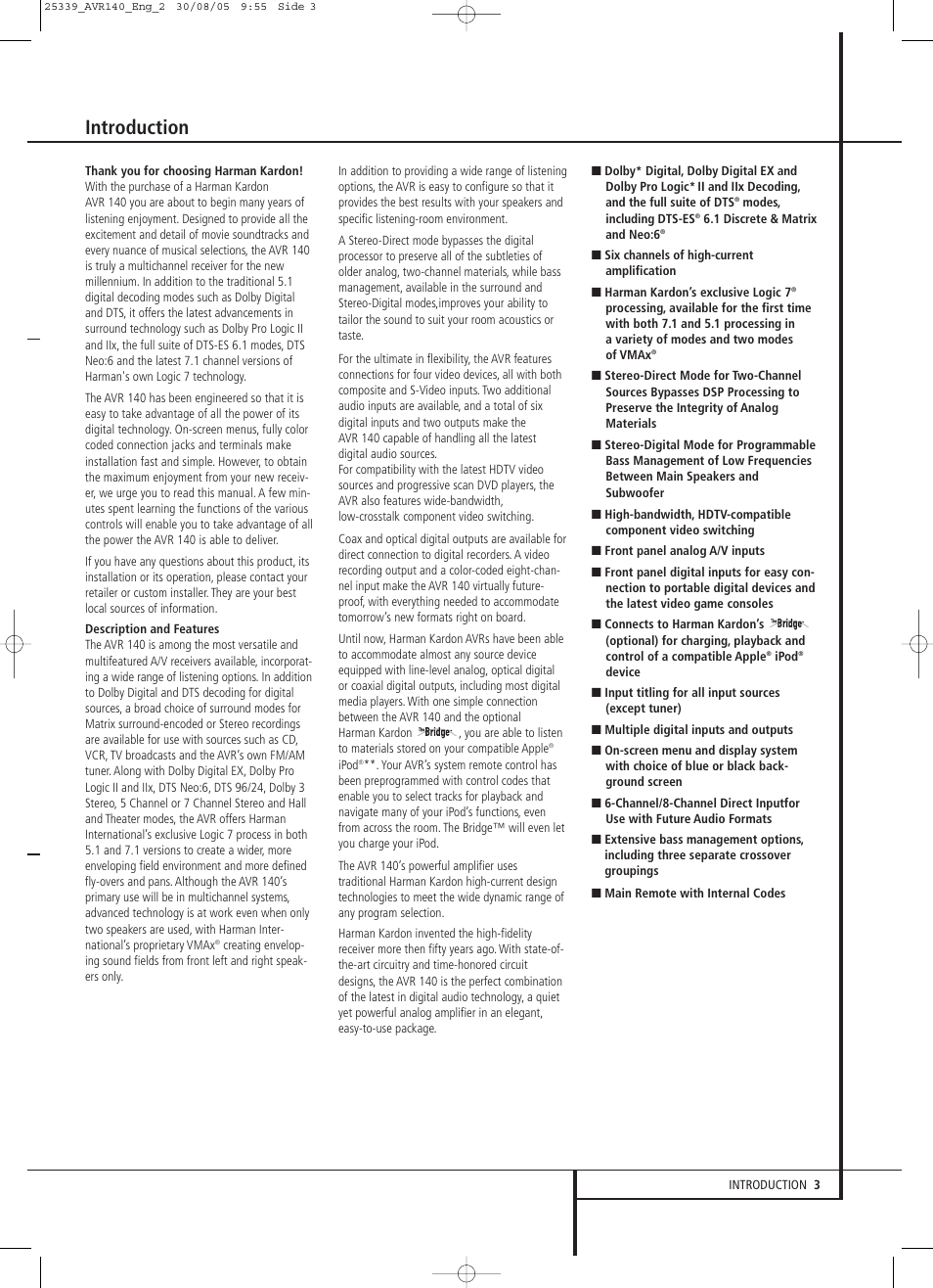 Introduction | JBL AVR 140 User Manual | Page 3 / 46