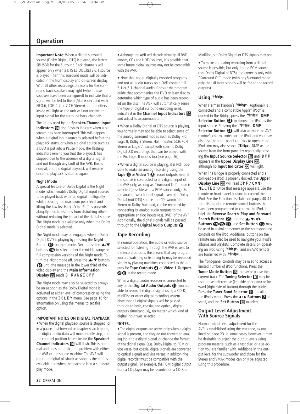 Operation, Tape recording, Using | Output level adjustment with source signals | JBL AVR 140 User Manual | Page 32 / 46