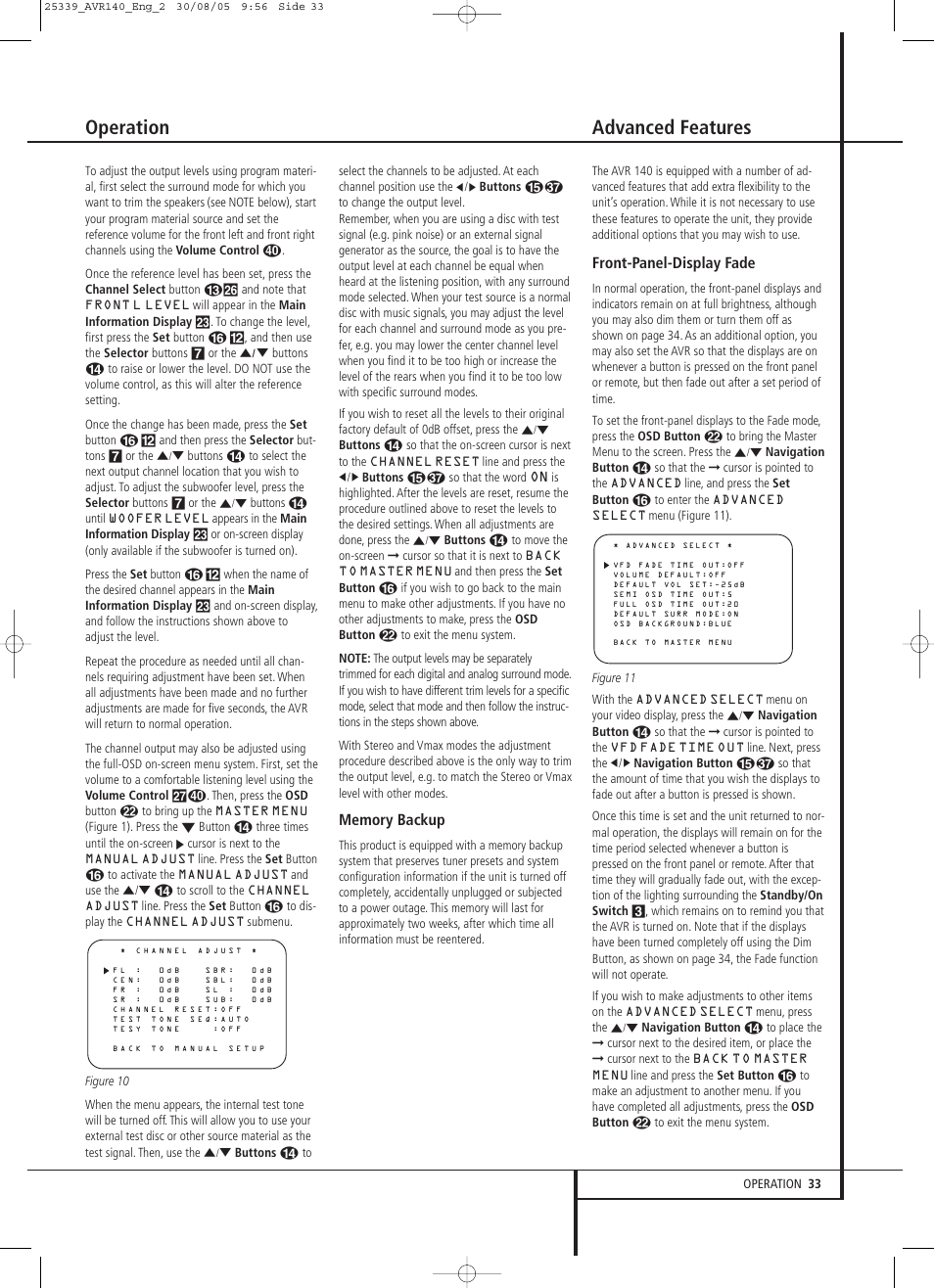 Advanced features operation, Front-panel-display fade | JBL AVR 140 User Manual | Page 33 / 46