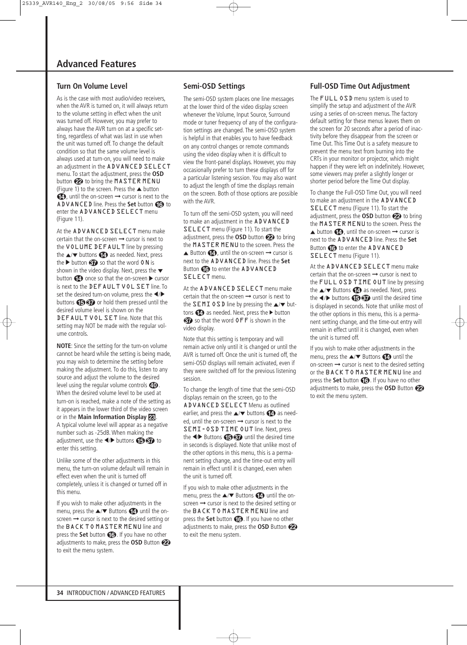 Advanced features, Turn on volume level, Semi-osd settings | Full-osd time out adjustment | JBL AVR 140 User Manual | Page 34 / 46