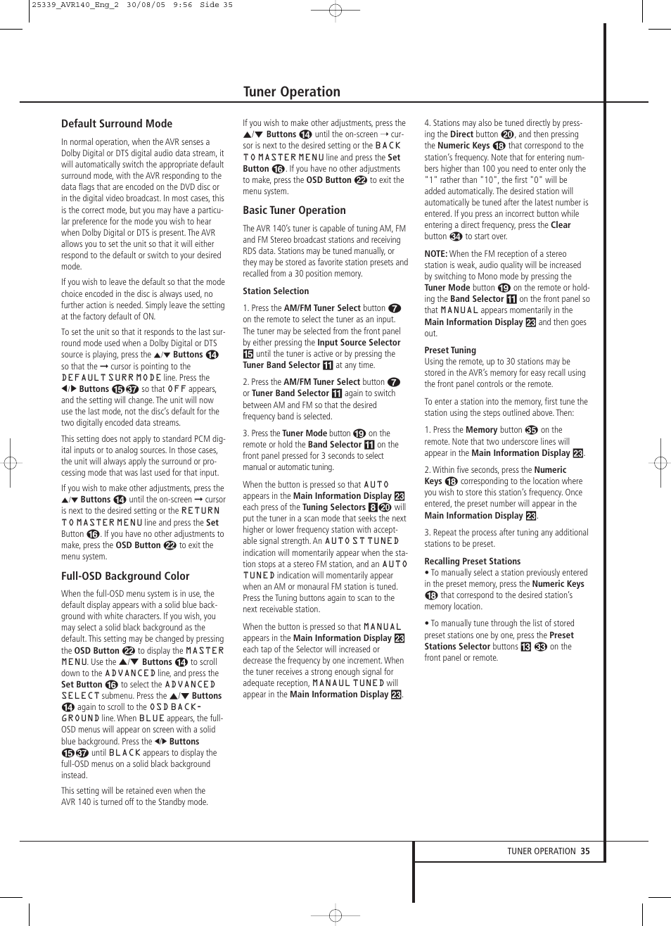 Tuner operation, Default surround mode, Full-osd background color | Basic tuner operation | JBL AVR 140 User Manual | Page 35 / 46