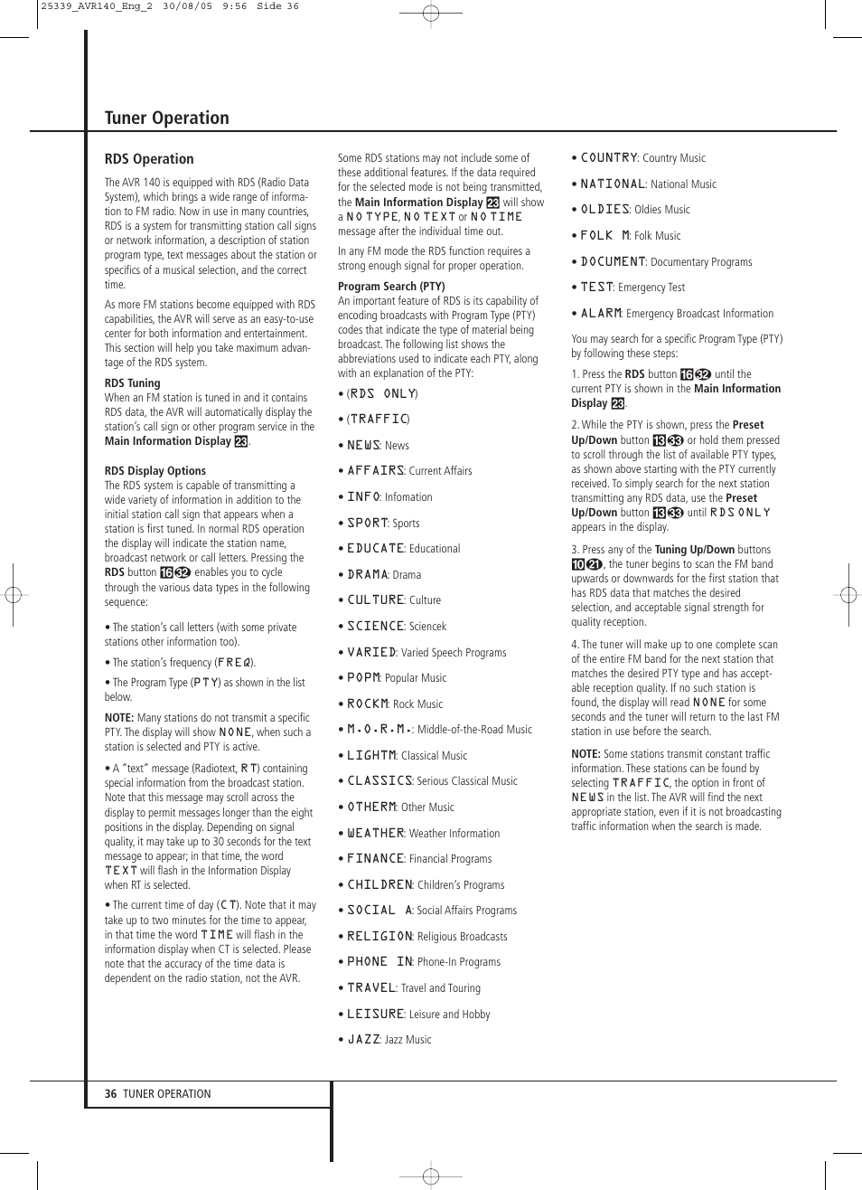 Tuner operation | JBL AVR 140 User Manual | Page 36 / 46