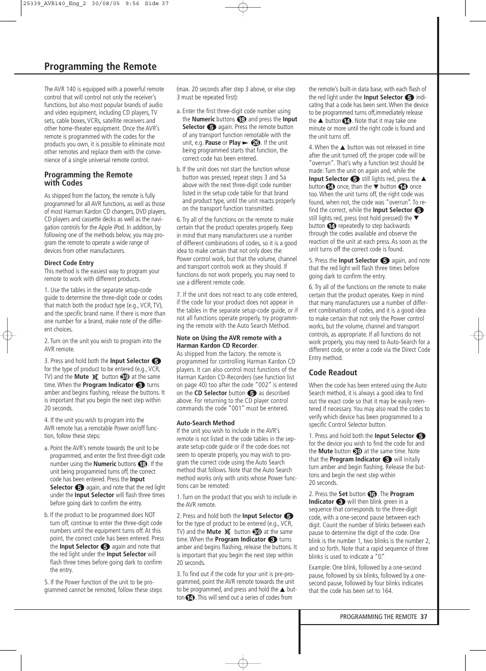 Programming the remote | JBL AVR 140 User Manual | Page 37 / 46