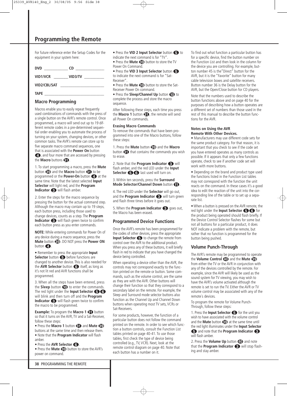 Programming the remote | JBL AVR 140 User Manual | Page 38 / 46