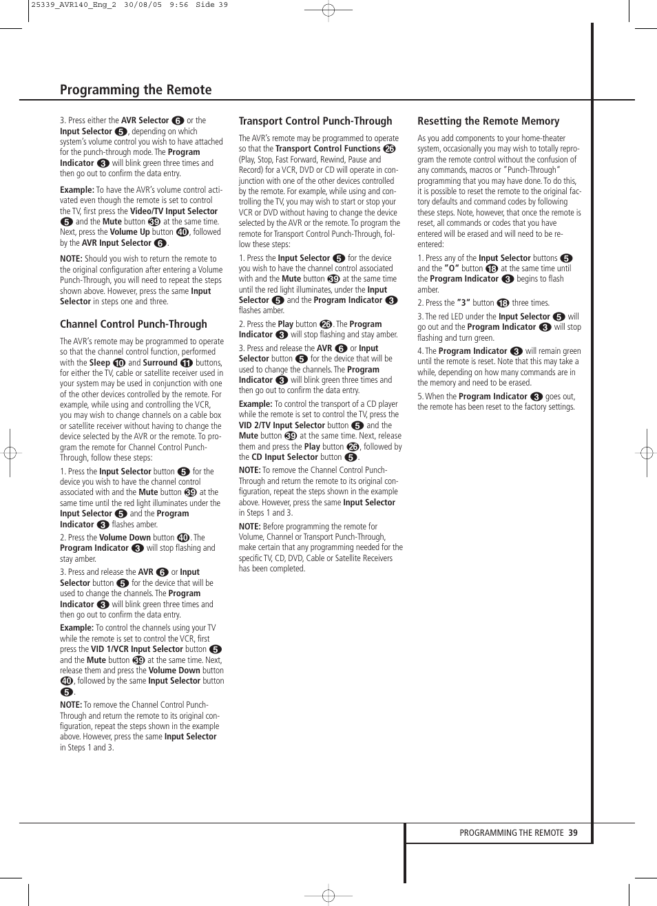 Programming the remote | JBL AVR 140 User Manual | Page 39 / 46