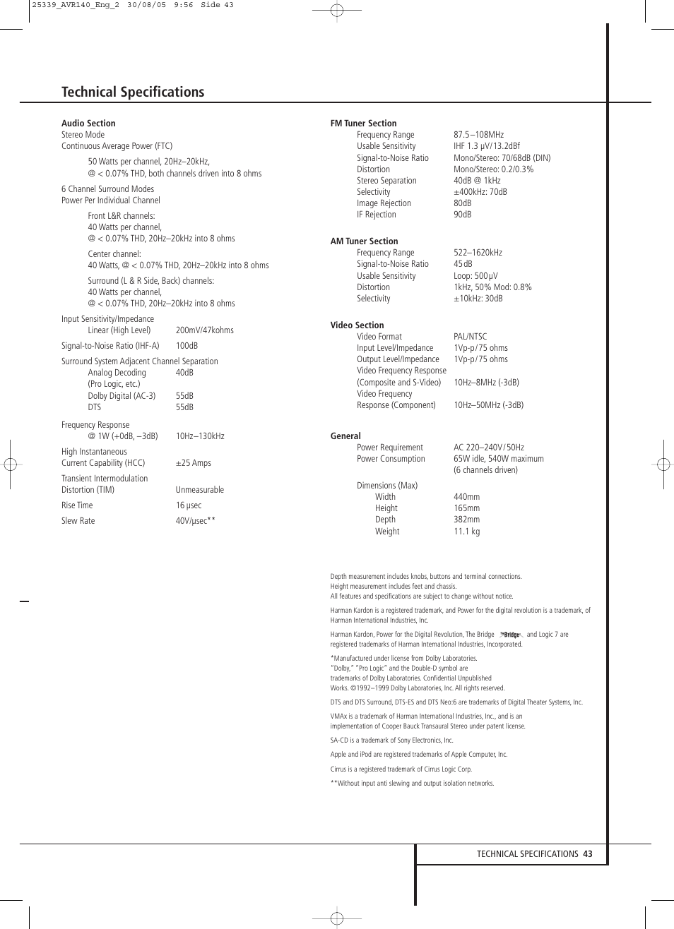 Technical specifications | JBL AVR 140 User Manual | Page 43 / 46