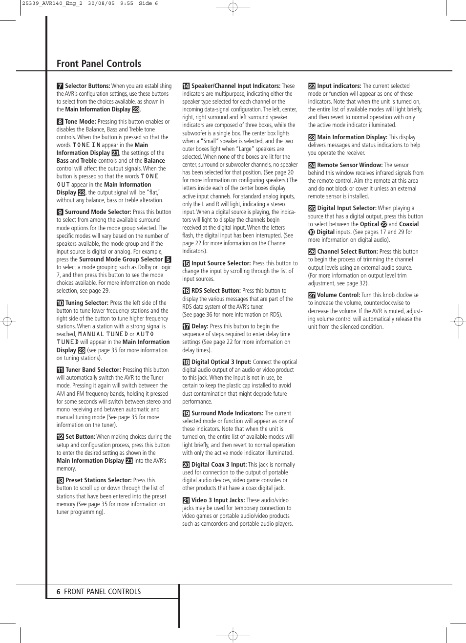 Front panel controls | JBL AVR 140 User Manual | Page 6 / 46