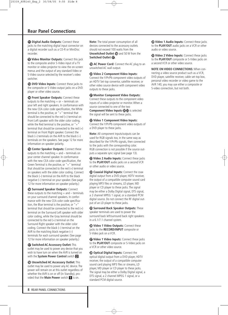 Rear panel connections | JBL AVR 140 User Manual | Page 8 / 46