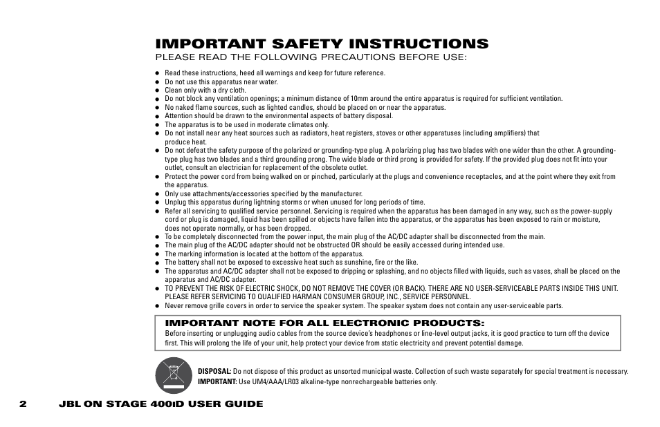 Important safety instructions | JBL ON STAGE 400ID User Manual | Page 2 / 8