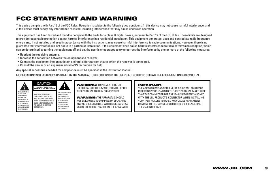 Fcc statement and warning | JBL ON STAGE 400ID User Manual | Page 3 / 8