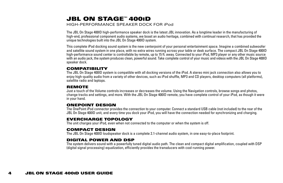 Jbl on stage | JBL ON STAGE 400ID User Manual | Page 4 / 8