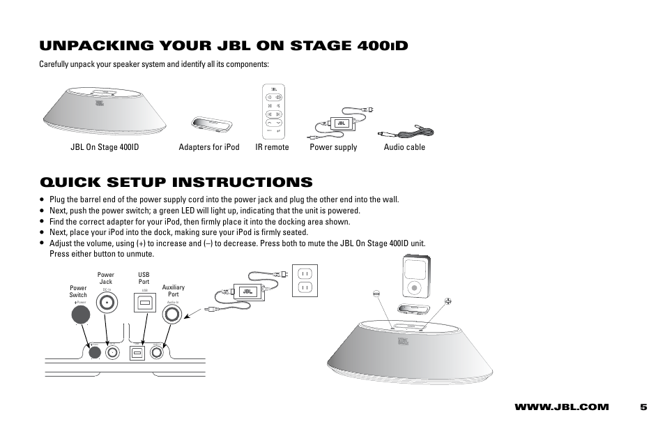 Unpacking your jbl on stage 400, Quick setup instructions | JBL ON STAGE 400ID User Manual | Page 5 / 8