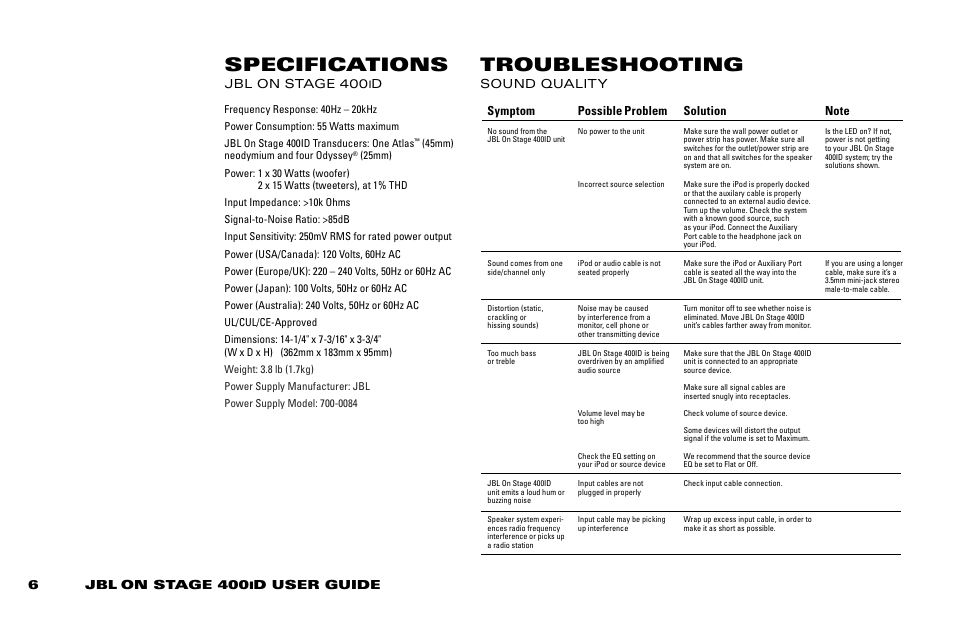 Specifications troubleshooting, 6jbl on stage 400, D user guide | Jbl on stage 400 | JBL ON STAGE 400ID User Manual | Page 6 / 8